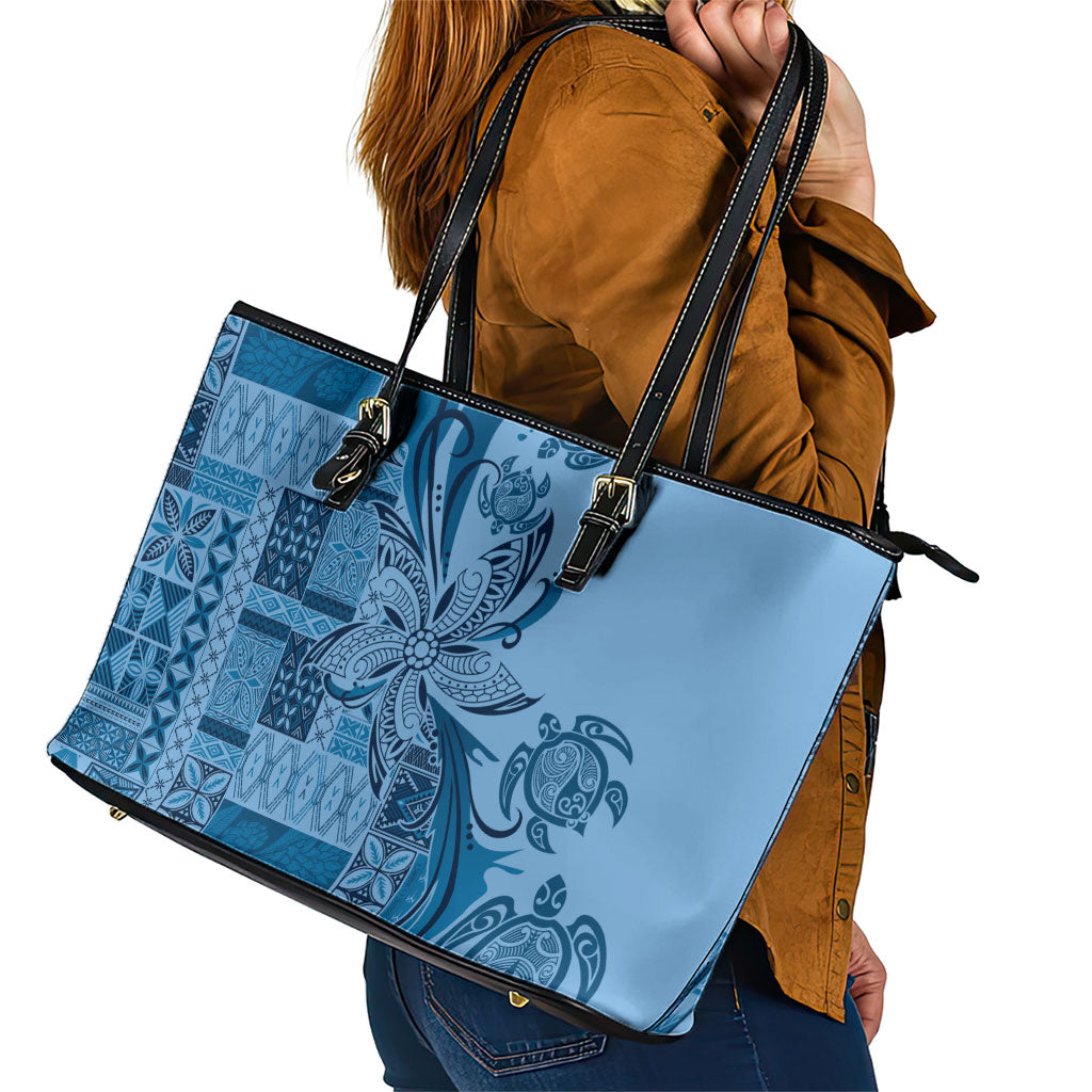 Talofa Samoa Mamanu Siapo Mix Malu Leather Tote Bag Cool Blue Frangipani and Turtles