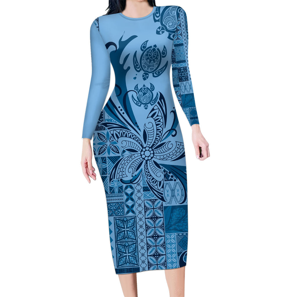 Talofa Samoa Mamanu Siapo Mix Malu Long Sleeve Bodycon Dress Cool Blue Frangipani and Turtles
