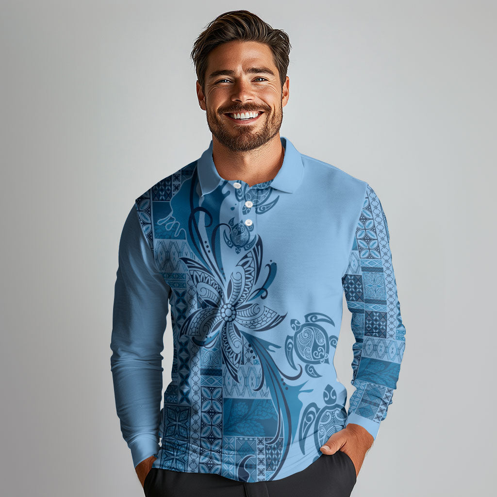 Talofa Samoa Mamanu Siapo Mix Malu Long Sleeve Polo Shirt Cool Blue Frangipani and Turtles