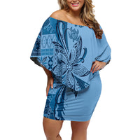 Talofa Samoa Mamanu Siapo Mix Malu Off Shoulder Short Dress Cool Blue Frangipani and Turtles