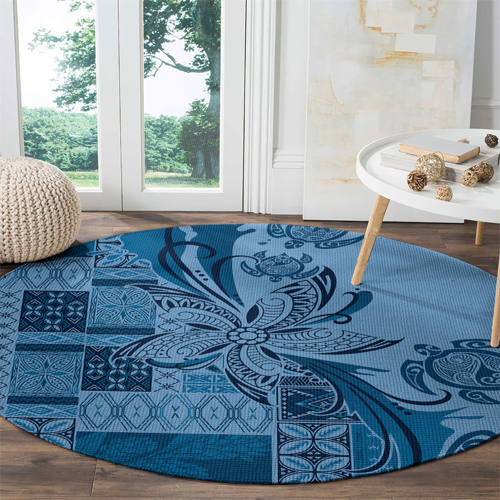 Talofa Samoa Mamanu Siapo Mix Malu Round Carpet Cool Blue Frangipani and Turtles