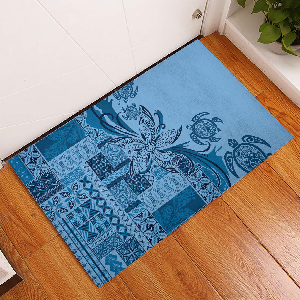 Talofa Samoa Mamanu Siapo Mix Malu Rubber Doormat Cool Blue Frangipani and Turtles