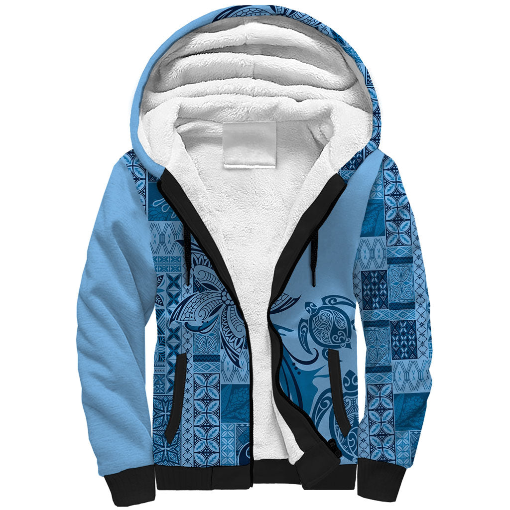 Talofa Samoa Mamanu Siapo Mix Malu Sherpa Hoodie Cool Blue Frangipani and Turtles