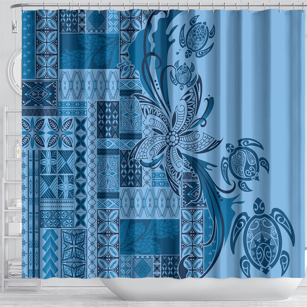 Talofa Samoa Mamanu Siapo Mix Malu Shower Curtain Cool Blue Frangipani and Turtles