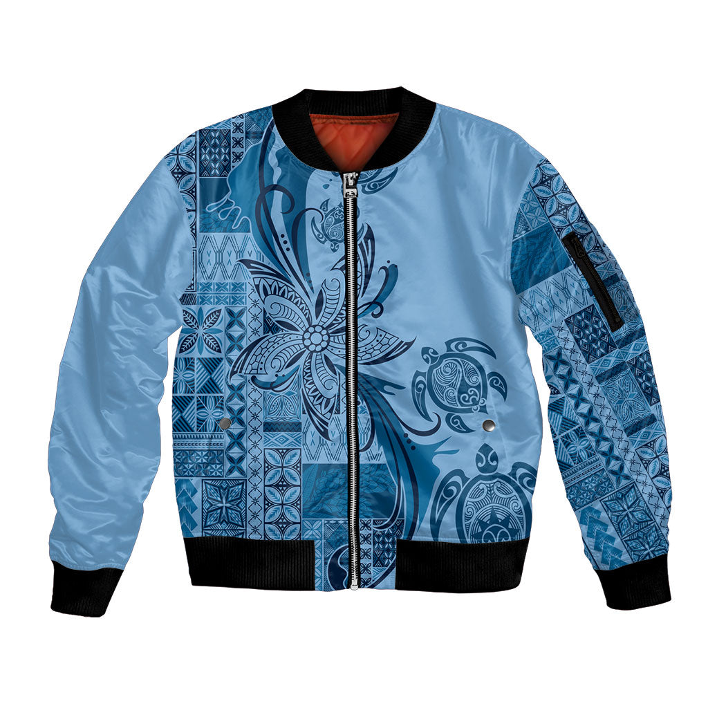 Talofa Samoa Mamanu Siapo Mix Malu Sleeve Zip Bomber Jacket Cool Blue Frangipani and Turtles LT7 Unisex Blue - Polynesian Pride