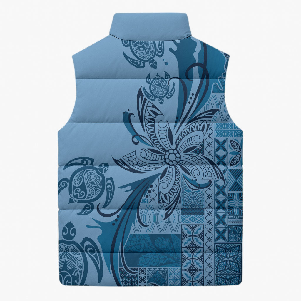Talofa Samoa Mamanu Siapo Mix Malu Sleeveless Puffer Jacket Cool Blue Frangipani and Turtles