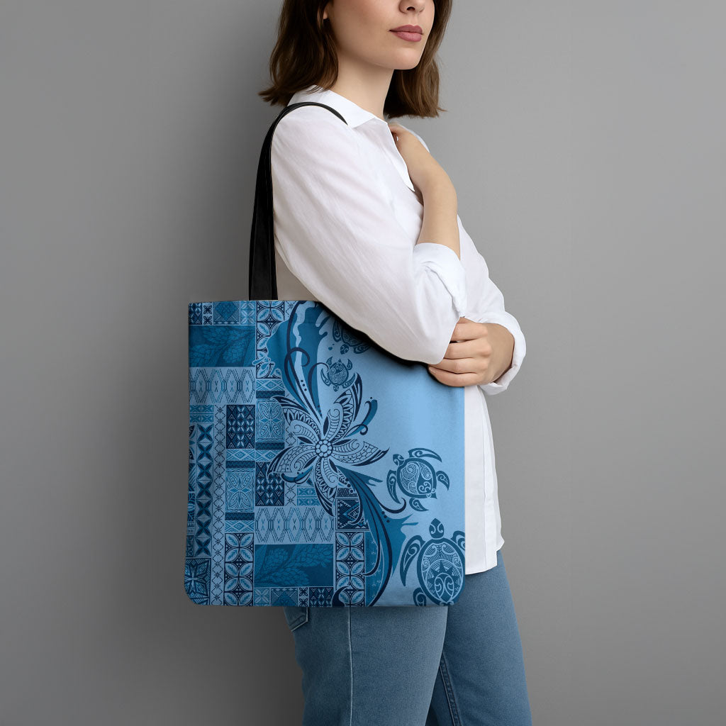 Talofa Samoa Mamanu Siapo Mix Malu Tote Bag Cool Blue Frangipani and Turtles