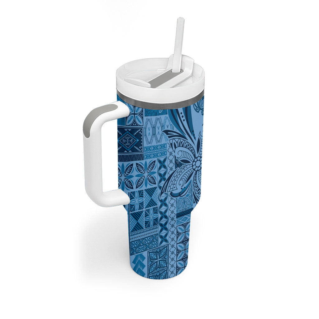 Talofa Samoa Mamanu Siapo Mix Malu Tumbler With Handle Cool Blue Frangipani and Turtles