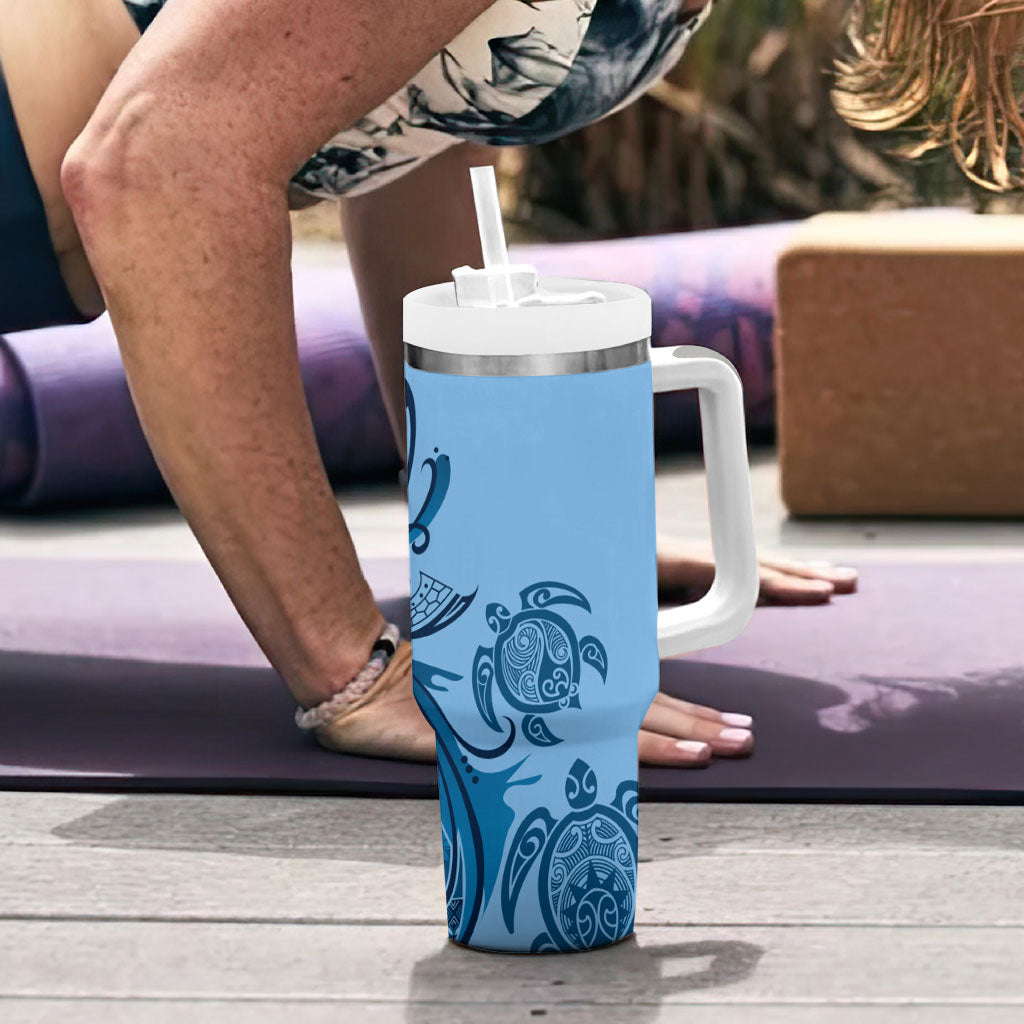 Talofa Samoa Mamanu Siapo Mix Malu Tumbler With Handle Cool Blue Frangipani and Turtles