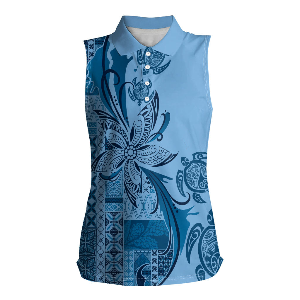 Talofa Samoa Mamanu Siapo Mix Malu Women Sleeveless Polo Shirt Cool Blue Frangipani and Turtles LT7 Female Blue - Polynesian Pride