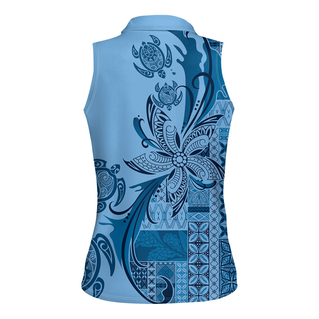 Talofa Samoa Mamanu Siapo Mix Malu Women Sleeveless Polo Shirt Cool Blue Frangipani and Turtles LT7 - Polynesian Pride