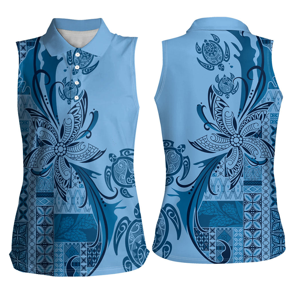 Talofa Samoa Mamanu Siapo Mix Malu Women Sleeveless Polo Shirt Cool Blue Frangipani and Turtles LT7 - Polynesian Pride