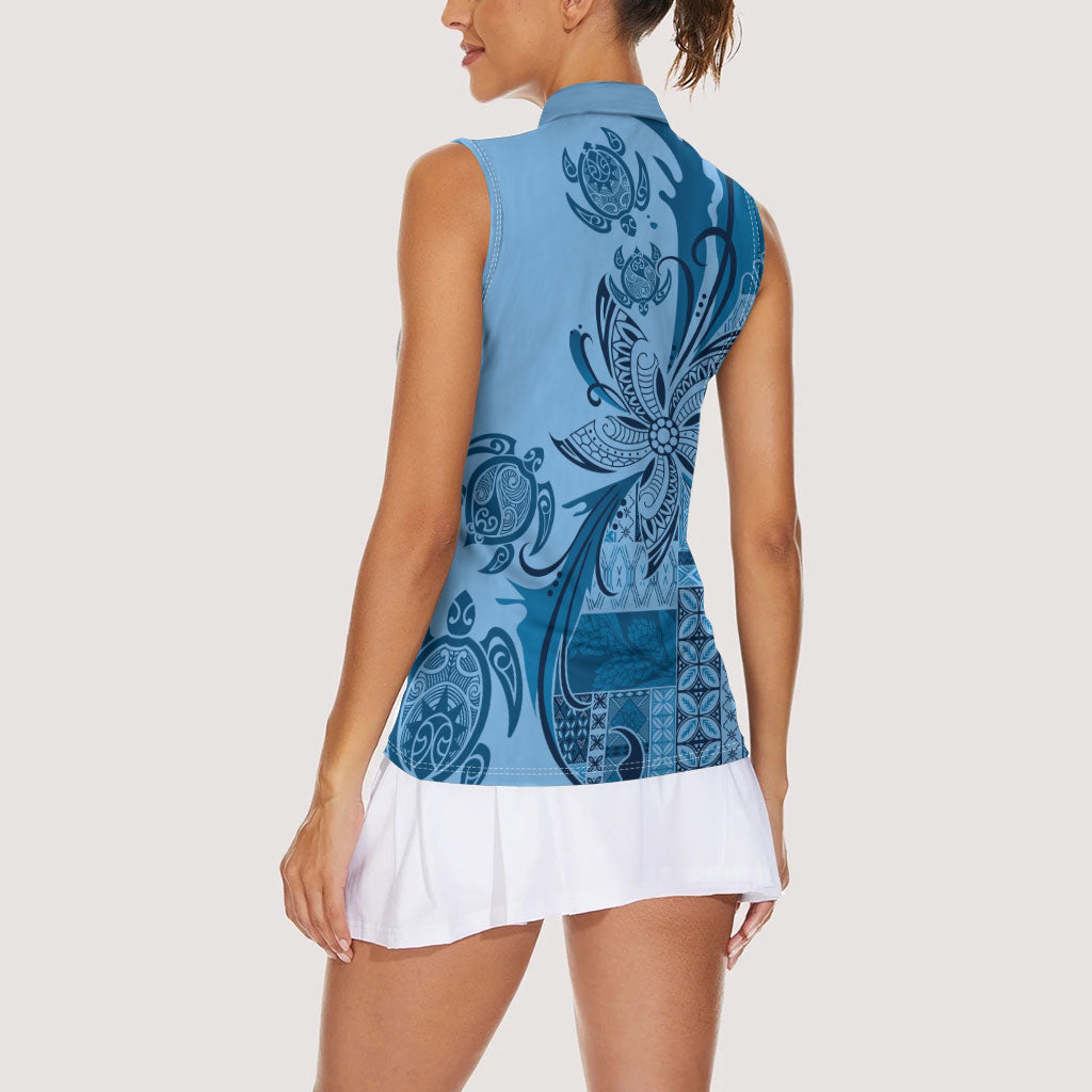 Talofa Samoa Mamanu Siapo Mix Malu Women Sleeveless Polo Shirt Cool Blue Frangipani and Turtles LT7 - Polynesian Pride