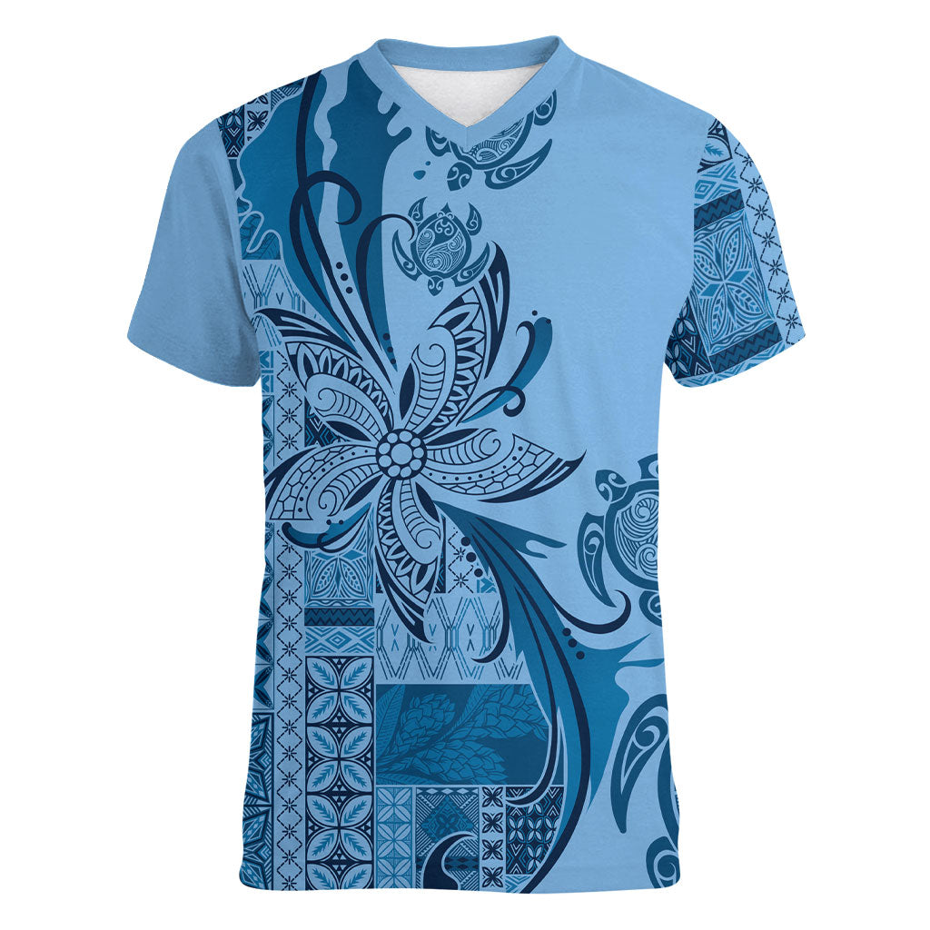 Talofa Samoa Mamanu Siapo Mix Malu Women V-Neck T-Shirt Cool Blue Frangipani and Turtles LT7 Female Blue - Polynesian Pride