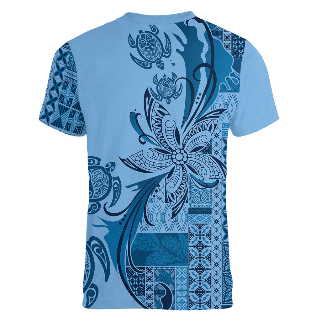 Talofa Samoa Mamanu Siapo Mix Malu Women V-Neck T-Shirt Cool Blue Frangipani and Turtles LT7 - Polynesian Pride