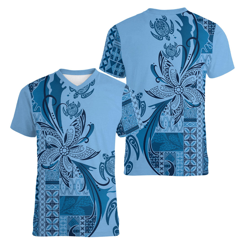 Talofa Samoa Mamanu Siapo Mix Malu Women V-Neck T-Shirt Cool Blue Frangipani and Turtles LT7 - Polynesian Pride