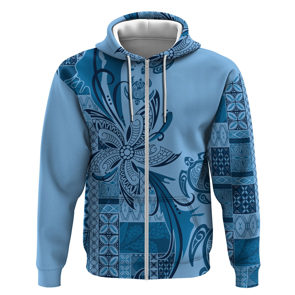 Talofa Samoa Mamanu Siapo Mix Malu Zip Hoodie Cool Blue Frangipani and Turtles LT7 Zip Hoodie Blue - Polynesian Pride