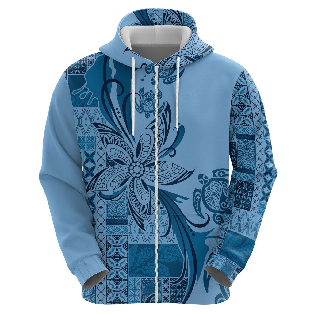 Talofa Samoa Mamanu Siapo Mix Malu Zip Hoodie Cool Blue Frangipani and Turtles LT7 - Polynesian Pride