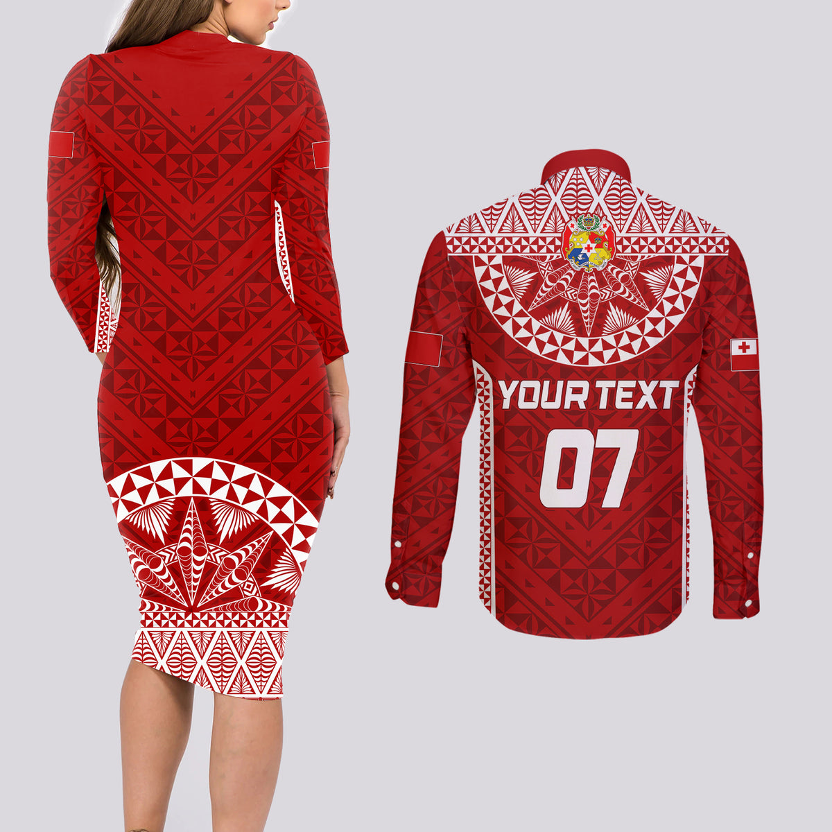 Personalised Tonga Rugby Couples Matching Long Sleeve Bodycon Dress and Long Sleeve Button Shirts Mate Ma'a Tonga Champions LT7 - Polynesian Pride