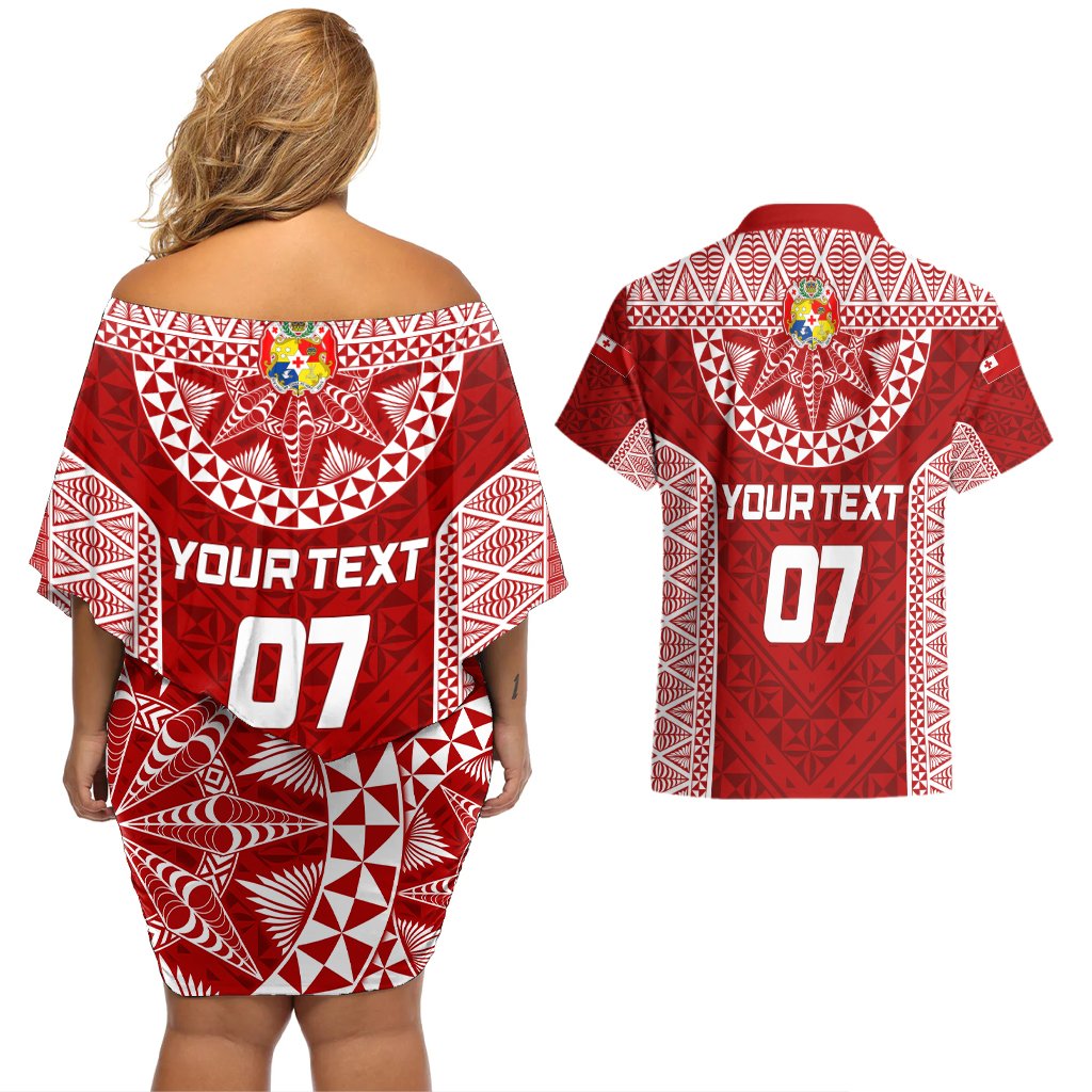 Personalised Tonga Rugby Couples Matching Off Shoulder Short Dress and Hawaiian Shirt Mate Ma'a Tonga Champions LT7 - Polynesian Pride