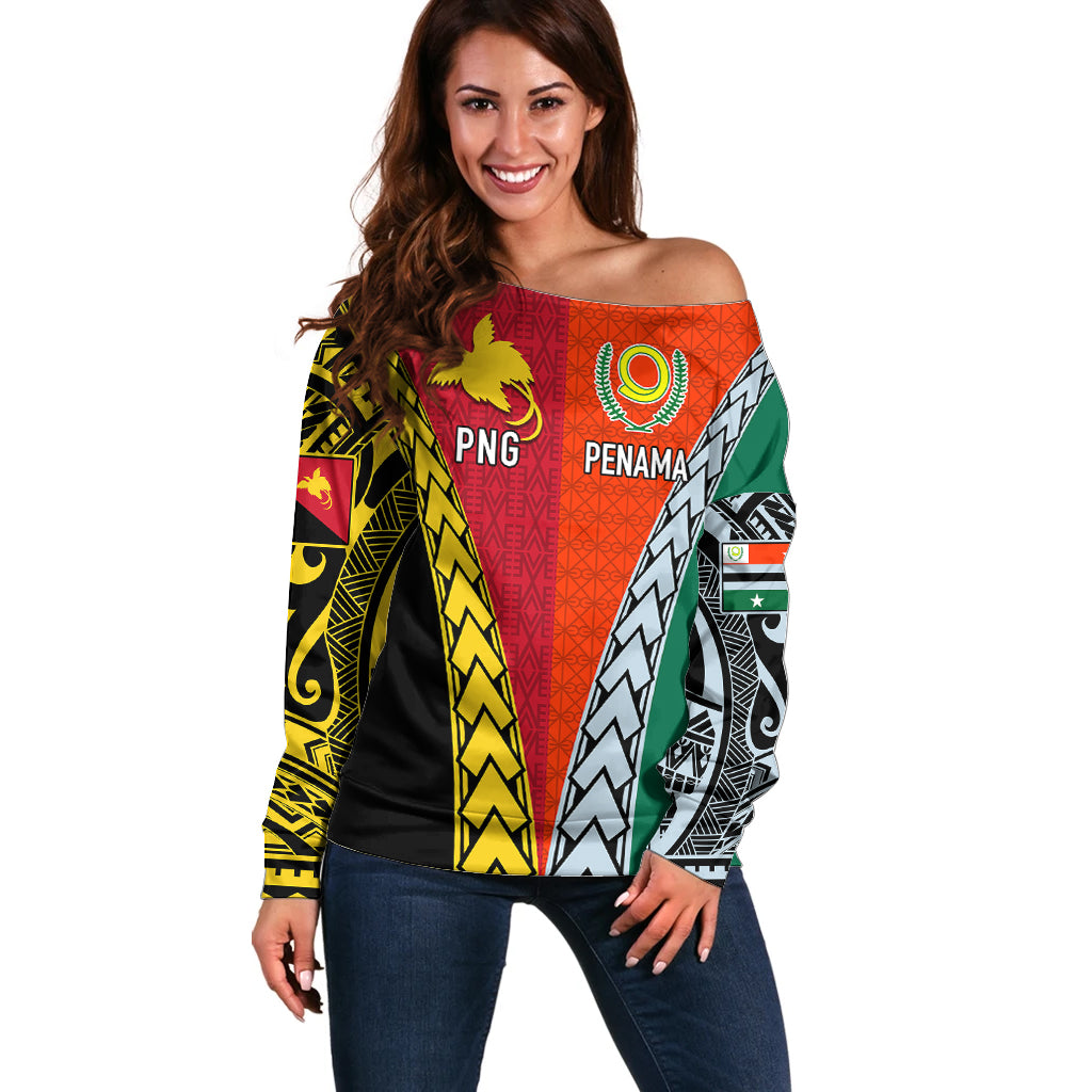 Personalised Papua New Guinea Mix Penama Off Shoulder Sweater Tribal Patterns Half-Half Style LT7 Women Colorful - Polynesian Pride