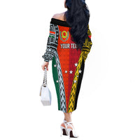 Personalised Papua New Guinea Mix Penama Off The Shoulder Long Sleeve Dress Tribal Patterns Half-Half Style LT7 - Polynesian Pride