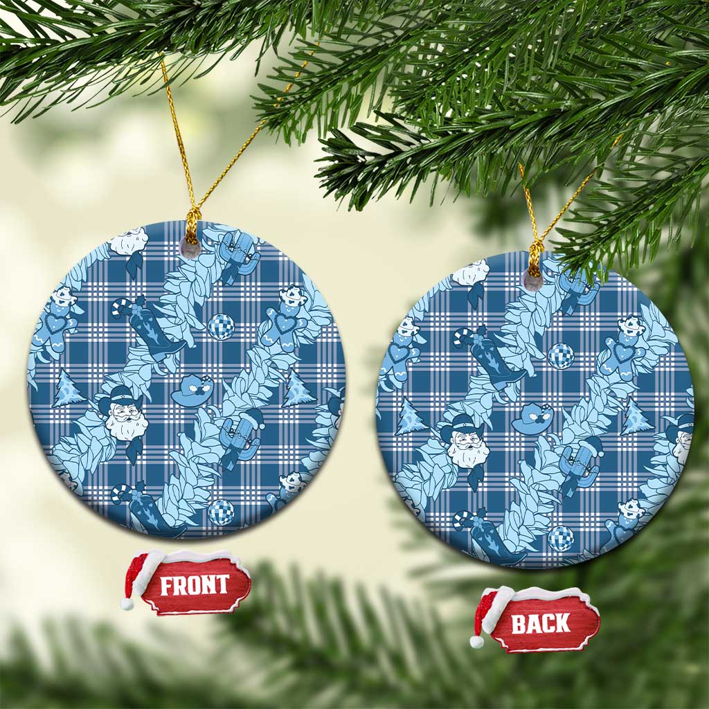 Blue Palaka Hawaii Cowboy Christmas Ceramic Ornament Paniolo Mix Maile Lei - Polynesian Pride