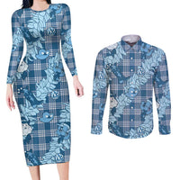 Blue Palaka Hawaii Cowboy Christmas Couples Matching Long Sleeve Bodycon Dress and Long Sleeve Button Shirt Paniolo Mix Maile Lei LT7 Blue - Polynesian Pride
