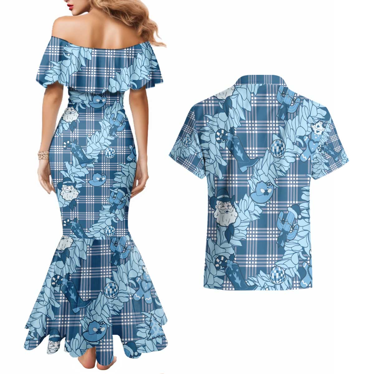 Blue Palaka Hawaii Cowboy Christmas Couples Matching Mermaid Dress and Hawaiian Shirt Paniolo Mix Maile Lei LT7 - Polynesian Pride