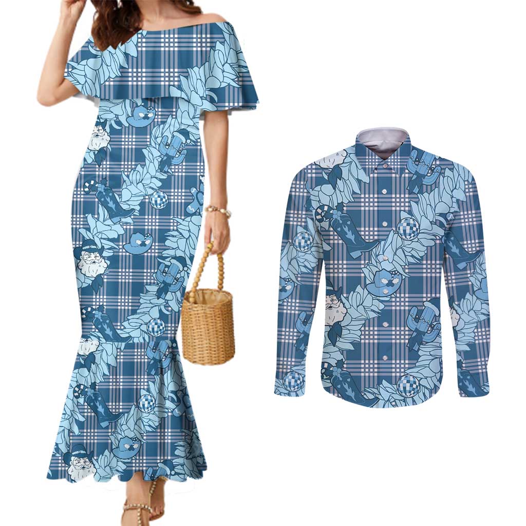 Blue Palaka Hawaii Cowboy Christmas Couples Matching Mermaid Dress and Long Sleeve Button Shirt Paniolo Mix Maile Lei - Polynesian Pride