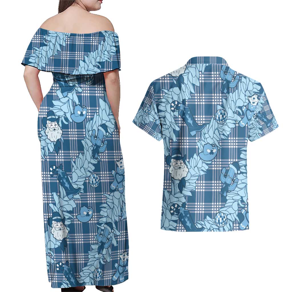 Blue Palaka Hawaii Cowboy Christmas Couples Matching Off Shoulder Maxi Dress and Hawaiian Shirt Paniolo Mix Maile Lei LT7 - Polynesian Pride
