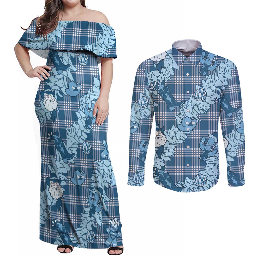 Blue Palaka Hawaii Cowboy Christmas Couples Matching Off Shoulder Maxi Dress and Long Sleeve Button Shirt Paniolo Mix Maile Lei LT7 Blue - Polynesian Pride