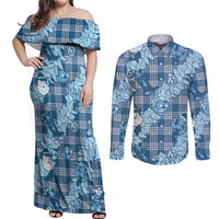 Blue Palaka Hawaii Cowboy Christmas Couples Matching Off Shoulder Maxi Dress and Long Sleeve Button Shirt Paniolo Mix Maile Lei LT7 Blue - Polynesian Pride