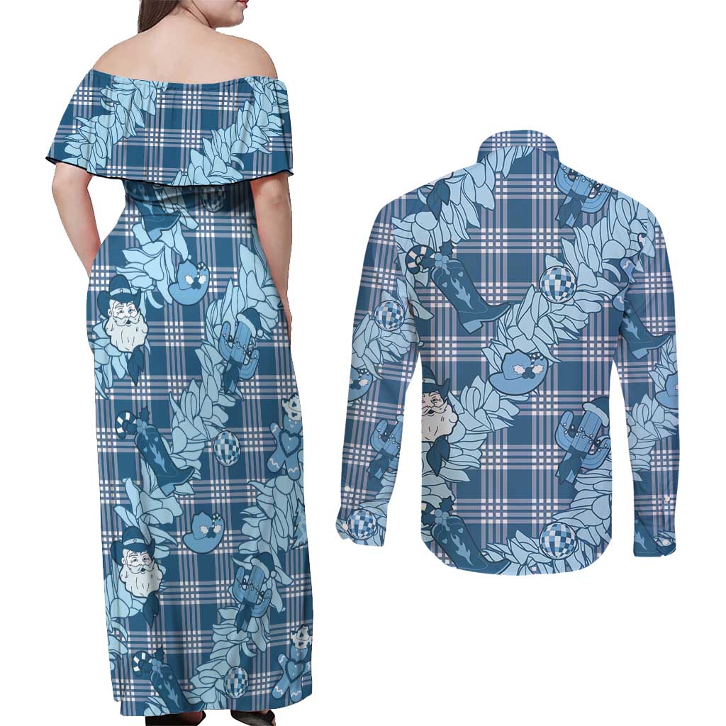 Blue Palaka Hawaii Cowboy Christmas Couples Matching Off Shoulder Maxi Dress and Long Sleeve Button Shirt Paniolo Mix Maile Lei LT7 - Polynesian Pride