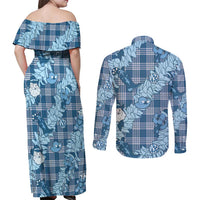Blue Palaka Hawaii Cowboy Christmas Couples Matching Off Shoulder Maxi Dress and Long Sleeve Button Shirt Paniolo Mix Maile Lei LT7 - Polynesian Pride