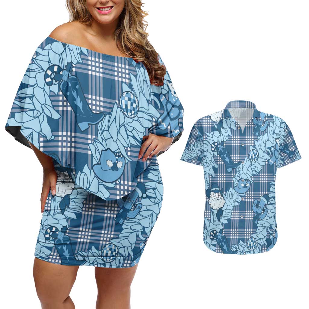 Blue Palaka Hawaii Cowboy Christmas Couples Matching Off Shoulder Short Dress and Hawaiian Shirt Paniolo Mix Maile Lei LT7 Blue - Polynesian Pride