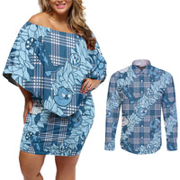 Blue Palaka Hawaii Cowboy Christmas Couples Matching Off Shoulder Short Dress and Long Sleeve Button Shirt Paniolo Mix Maile Lei LT7 Blue - Polynesian Pride