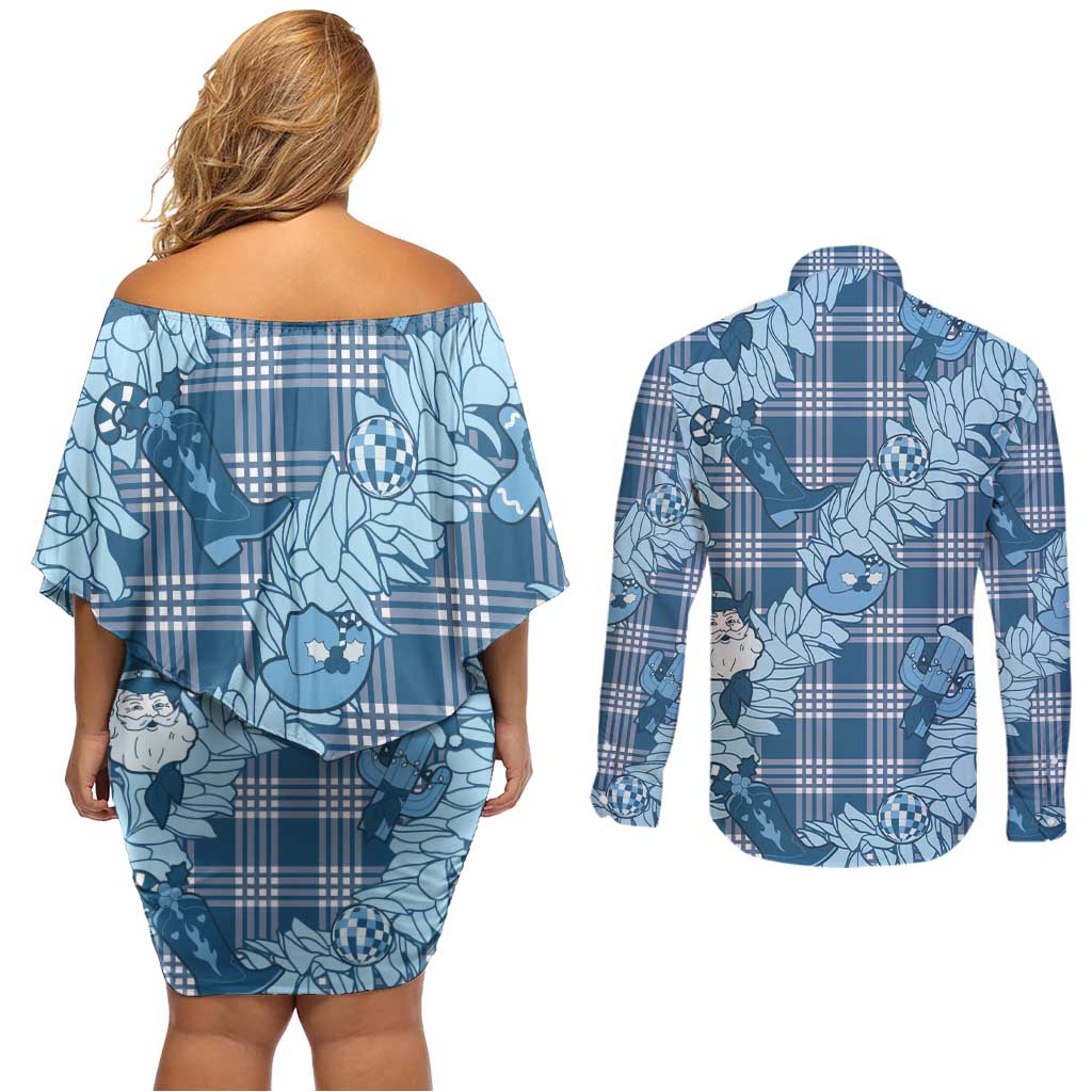 Blue Palaka Hawaii Cowboy Christmas Couples Matching Off Shoulder Short Dress and Long Sleeve Button Shirt Paniolo Mix Maile Lei LT7 - Polynesian Pride