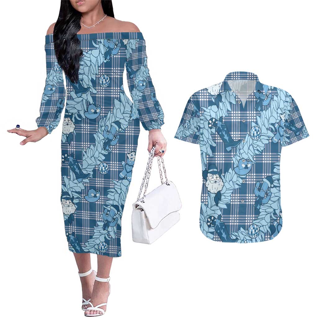 Blue Palaka Hawaii Cowboy Christmas Couples Matching Off The Shoulder Long Sleeve Dress and Hawaiian Shirt Paniolo Mix Maile Lei LT7 Blue - Polynesian Pride