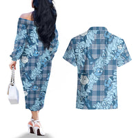 Blue Palaka Hawaii Cowboy Christmas Couples Matching Off The Shoulder Long Sleeve Dress and Hawaiian Shirt Paniolo Mix Maile Lei LT7 - Polynesian Pride
