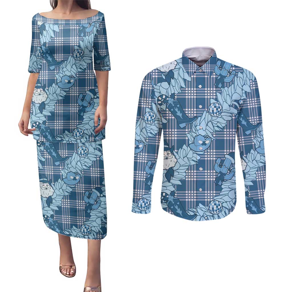 Blue Palaka Hawaii Cowboy Christmas Couples Matching Puletasi and Long Sleeve Button Shirt Paniolo Mix Maile Lei LT7 Blue - Polynesian Pride