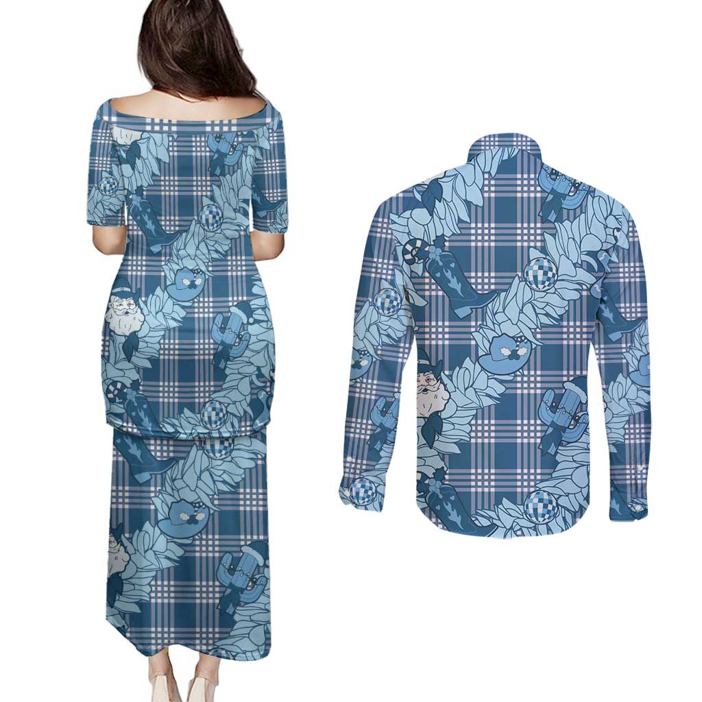 Blue Palaka Hawaii Cowboy Christmas Couples Matching Puletasi and Long Sleeve Button Shirt Paniolo Mix Maile Lei LT7 - Polynesian Pride
