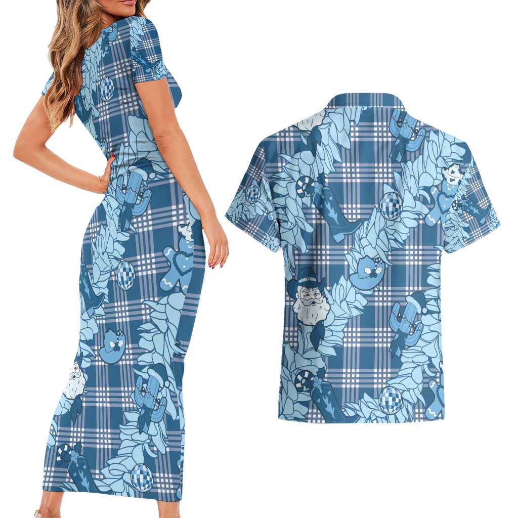 Blue Palaka Hawaii Cowboy Christmas Couples Matching Short Sleeve Bodycon Dress and Hawaiian Shirt Paniolo Mix Maile Lei LT7 - Polynesian Pride