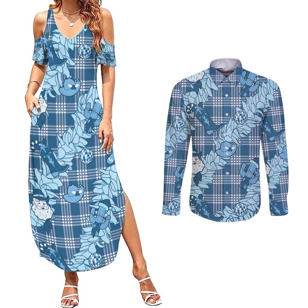 Blue Palaka Hawaii Cowboy Christmas Couples Matching Summer Maxi Dress and Long Sleeve Button Shirt Paniolo Mix Maile Lei LT7 Blue - Polynesian Pride