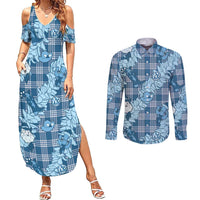Blue Palaka Hawaii Cowboy Christmas Couples Matching Summer Maxi Dress and Long Sleeve Button Shirt Paniolo Mix Maile Lei LT7 Blue - Polynesian Pride