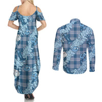 Blue Palaka Hawaii Cowboy Christmas Couples Matching Summer Maxi Dress and Long Sleeve Button Shirt Paniolo Mix Maile Lei LT7 - Polynesian Pride