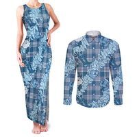 Blue Palaka Hawaii Cowboy Christmas Couples Matching Tank Maxi Dress and Long Sleeve Button Shirt Paniolo Mix Maile Lei LT7 Blue - Polynesian Pride