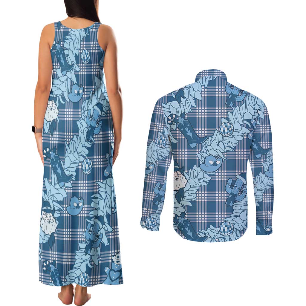 Blue Palaka Hawaii Cowboy Christmas Couples Matching Tank Maxi Dress and Long Sleeve Button Shirt Paniolo Mix Maile Lei LT7 - Polynesian Pride