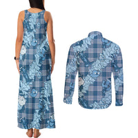 Blue Palaka Hawaii Cowboy Christmas Couples Matching Tank Maxi Dress and Long Sleeve Button Shirt Paniolo Mix Maile Lei LT7 - Polynesian Pride