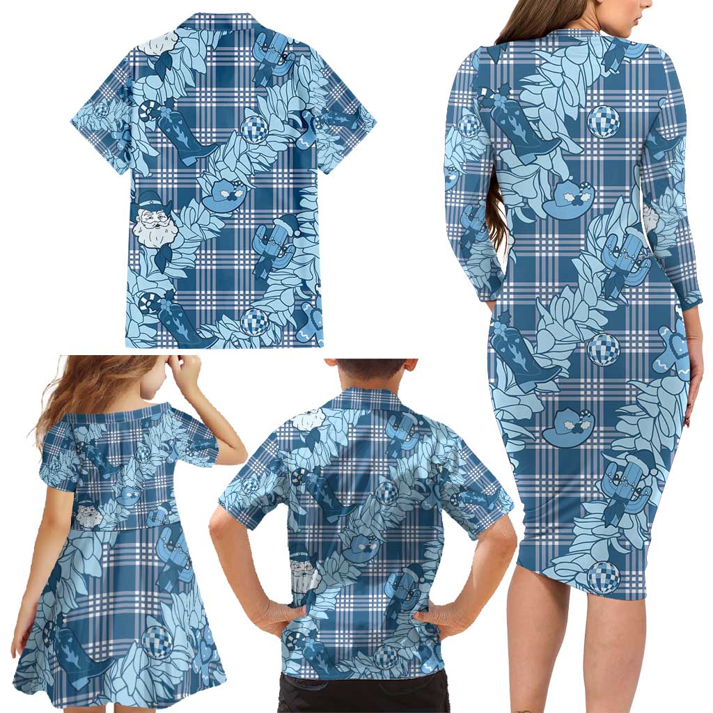 Blue Palaka Hawaii Cowboy Christmas Family Matching Long Sleeve Bodycon Dress and Hawaiian Shirt Paniolo Mix Maile Lei LT7 - Polynesian Pride